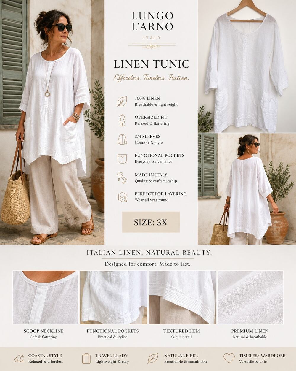 Lungo L'Arno Italy Linen Tunic White 3X Oversized Lagenlook Coastal Italian